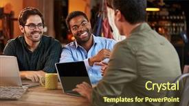  Presentation with black male female fashion - Slide deck featuring male fashion designers in meeting background and a tawny brown colored foreground