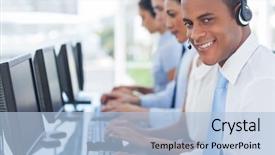  Presentation with call center agent reporting - Beautiful slides featuring male feam - smiling agent smiling while working backdrop and a light blue colored foreground