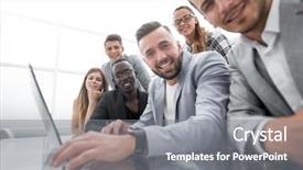  Presentation with millennial - PPT theme featuring male female - happy smiling multi-ethnic creative millennial background and a gray colored foreground