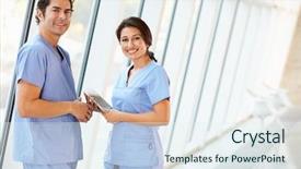  Presentation with digital hospital - Colorful theme enhanced with male female - medical staff talking in hospital backdrop and a sky blue colored foreground