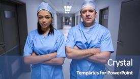  Presentation with hospital - Beautiful slide deck featuring male female - portrait of surgeons standing backdrop and a ocean colored foreground