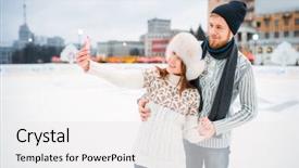  Presentation with selfie - Audience pleasing presentation theme consisting of male female figure - happy love couple makes selfie backdrop and a white colored foreground