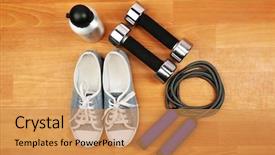  Presentation with sports shoes - PPT layouts having male female figure - shoes and sports equipment background and a gold colored foreground