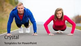  Presentation with man and woman - Beautiful PPT theme featuring male female figure - young woman and man exercising backdrop and a light gray colored foreground
