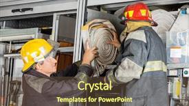 Presentation with fire station - Colorful PPT layouts enhanced with male firefighters removing water hose from truck in fire station backdrop and a tawny brown colored foreground