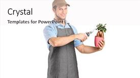  Presentation with bonsai - Colorful PPT theme enhanced with hobbies gardening tools utensils - male florist cutting a bonsai backdrop and a white colored foreground