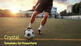  Presentation with football field - Audience pleasing PPT layouts consisting of male football player hits the ball on the field backdrop and a tawny brown colored foreground