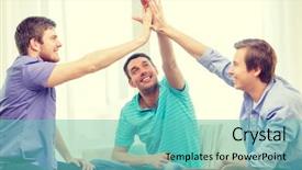  Presentation with teamwork - Cool new PPT theme with male friends giving high five backdrop and a seafoam green colored foreground