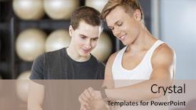  Presentation with gym - Slide deck consisting of male friends looking at pedometer background and a  colored foreground
