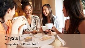  Presentation with cafe - Beautiful PPT theme featuring male friends meeting in cafe backdrop and a coral colored foreground