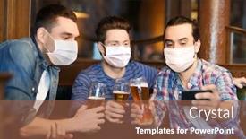  Presentation with face masks - Slide set having male-friendship-leisure-and-pandemic background and a tawny brown colored foreground