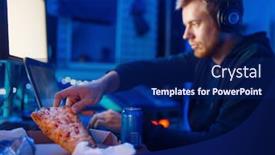 Presentation with tournament - Beautiful presentation theme featuring male gamer eating pizza night tournament backdrop and a navy blue colored foreground