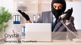  Presentation with phishing information - Presentation theme consisting of male gangster stealing information background and a lemonade colored foreground