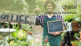  Presentation with open an account - Cool new PPT theme with male gardener holding open sign while standing by office placard outside greenhouse backdrop and a mint green colored foreground