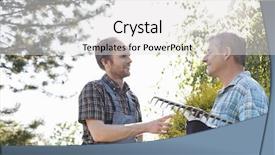  Presentation with nursery plant - Amazing PPT theme having male gardeners conversing at plant nursery backdrop and a light gray colored foreground