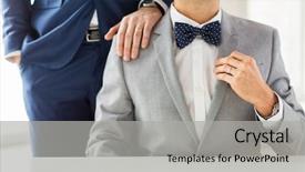  Presentation with wedding rings - Beautiful slide set featuring male gay couple with wedding backdrop and a light gray colored foreground