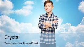  Presentation with gender - Beautiful presentation design featuring male gender childhood fashion and people concept - smiling boy in checkered shirt and jeans over blue sky and clouds background backdrop and a light blue colored foreground