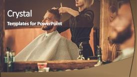  Presentation with barber shop - Presentation design having male grooming - client visiting hairstylist in barber background and a tawny brown colored foreground