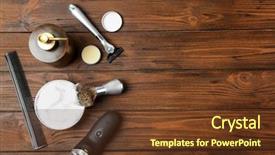 Presentation with shaving - Cool new presentation design with male grooming - shaving accessories for man backdrop and a tawny brown colored foreground