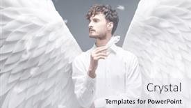  Presentation with angel in white - Presentation design having male-guardian-angel-holds-feathers background and a  colored foreground