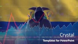  Presentation with computer hacker hoodie in - PPT layouts consisting of male hacker in black hoodie standing against stocks and shares background and a ocean colored foreground