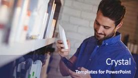  Presentation with hair dresser - Presentation design consisting of smiling male hair dresser selecting shampoo from shelf at a salon background and a ocean colored foreground
