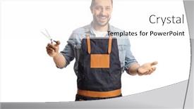  Presentation with apron - Theme consisting of male-hair-stylist-wearing background and a white colored foreground