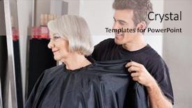  Presentation with haircut - Audience pleasing theme consisting of male hairdresser removing female client's apron after haircut at salon backdrop and a mint green colored foreground