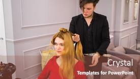  Presentation with hair salon - Beautiful theme featuring male-hairdresser-styling-hair backdrop and a tawny brown colored foreground