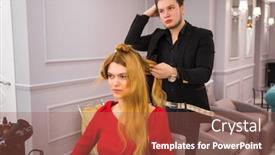  Presentation with hair salon - Slide deck featuring male-hairdresser-styling-hair background and a tawny brown colored foreground