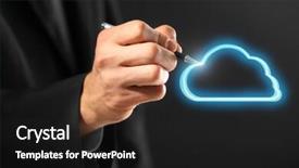  Presentation with virtual hand - Colorful PPT theme enhanced with male hand drawing cloud on virtual screen cloud storage concept backdrop and a dark gray colored foreground