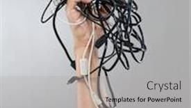  Presentation with hold hand - Amazing slides having male hand hold group of cable cords backdrop and a light gray colored foreground