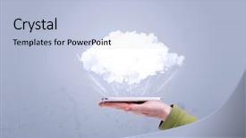  Presentation with sales - Cool new PPT theme with male hand holding a mobile phone from profile view with an empty white cloud above the device for sales concept backdrop and a light blue colored foreground