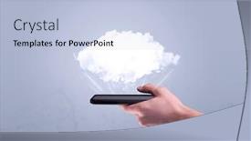  Presentation with sales - Beautiful PPT theme featuring male hand holding a mobile phone from profile view with an empty white cloud above the device for sales concept backdrop and a light blue colored foreground