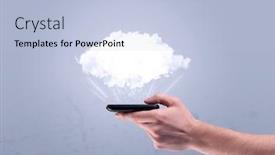  Presentation with sales - Colorful presentation theme enhanced with male hand holding a mobile phone from profile view with an empty white cloud above the device for sales concept backdrop and a light blue colored foreground