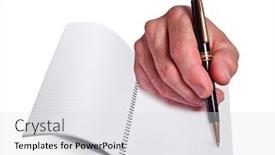  Presentation with writing pen - Slide deck having male-hand-holding-a-pen background and a light gray colored foreground