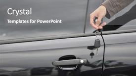 Presentation with car key - Audience pleasing PPT theme consisting of male hand holding car key with new black car in background backdrop and a gray colored foreground
