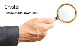  Presentation with blonde holds a magnifying glass - Slide set having male hand holding magnifying glass background and a white colored foreground