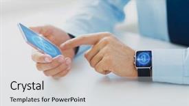  Presentation with cryptocurrency - Cool new theme with male hand holding smart backdrop and a light gray colored foreground