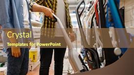  Presentation with electronics - PPT layouts with male-hand-holds-vacuum-cleaner background and a coral colored foreground