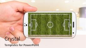  Presentation with football field - Colorful slide set enhanced with sports broadcasting - male hand is holding modern backdrop and a lemonade colored foreground