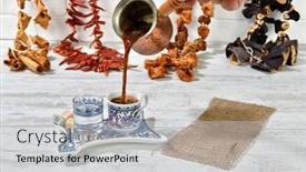  Presentation with turkish - Beautiful PPT theme featuring male-hand-pouring-turkish-coffee backdrop and a light gray colored foreground