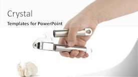  Presentation with garlic - Audience pleasing PPT theme consisting of male-hand-pressing-garlic-masher backdrop and a white colored foreground