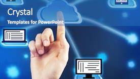  Presentation with virtual hand - Audience pleasing presentation theme consisting of male hand pushing touch cloud computing button on virtual screen backdrop and a teal colored foreground