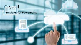  Presentation with virtual hand - Theme featuring male hand pushing touch cloud computing button on virtual screen background and a light blue colored foreground