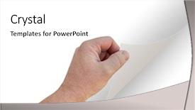  Presentation with turning page - Amazing PPT theme having male hand turning blank page backdrop and a white colored foreground