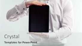  Presentation with tablet - Audience pleasing slide set consisting of male hand with tablet close-up backdrop and a light gray colored foreground