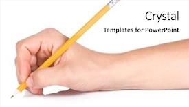  Presentation with yellow wood - Audience pleasing PPT theme consisting of male hand writing yellow wood pencil backdrop and a white colored foreground