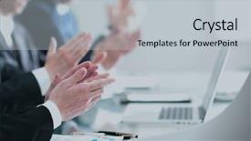  Presentation with project - Beautiful slide deck featuring male hands applauding after presentation backdrop and a light gray colored foreground