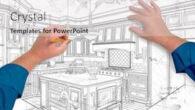  Presentation with kitchen design - Colorful presentation theme enhanced with male-hands-drawing-custom-kitchen backdrop and a light gray colored foreground